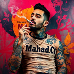 Amir Tataloo with a body covered in tattoos, smoking a cigarette, wearing a shirt with the text 'Mamad_CF' in bold font