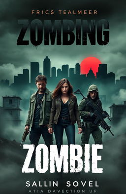 A haunting book cover for a zombie novel, featuring a desolate urban landscape overtaken by a thick fog, with abandoned buildings in the background