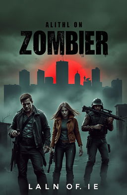 A haunting book cover for a zombie novel, featuring a desolate urban landscape overtaken by a thick fog, with abandoned buildings in the background