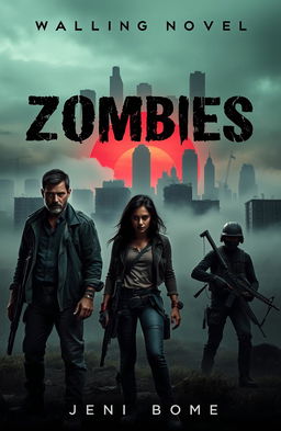 A haunting book cover for a zombie novel, featuring a desolate urban landscape overtaken by a thick fog, with abandoned buildings in the background
