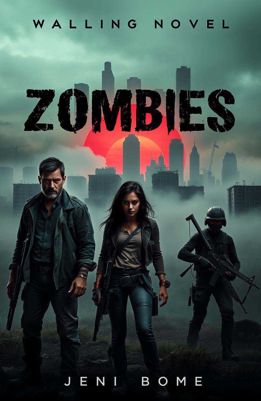 A haunting book cover for a zombie novel, featuring a desolate urban landscape overtaken by a thick fog, with abandoned buildings in the background