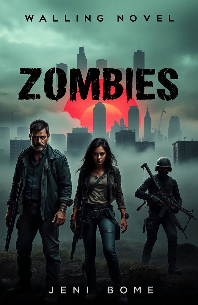 A haunting book cover for a zombie novel, featuring a desolate urban landscape overtaken by a thick fog, with abandoned buildings in the background