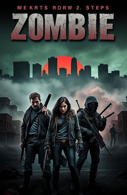 A haunting book cover for a zombie novel, featuring a desolate urban landscape overtaken by a thick fog, with abandoned buildings in the background