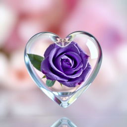 A stunningly detailed transparent heart showcasing a beautiful violet rose delicately placed within it