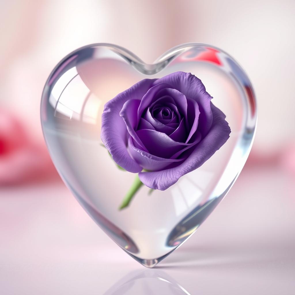 A stunningly detailed transparent heart showcasing a beautiful violet rose delicately placed within it