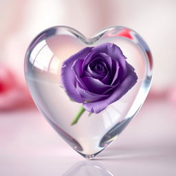 A stunningly detailed transparent heart showcasing a beautiful violet rose delicately placed within it