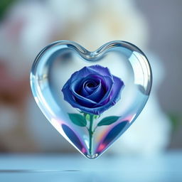 A stunningly detailed transparent heart showcasing a beautiful violet rose delicately placed within it