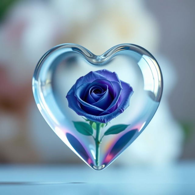 A stunningly detailed transparent heart showcasing a beautiful violet rose delicately placed within it