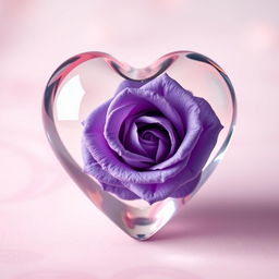 A stunningly detailed transparent heart showcasing a beautiful violet rose delicately placed within it