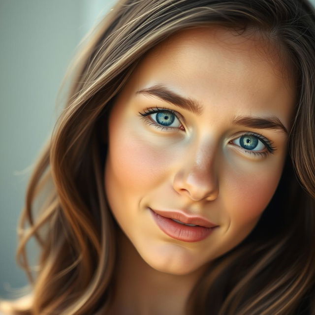 A clear and bright face of a beautiful young woman, featuring smooth skin, radiant complexion, and sparkling blue eyes