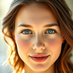 A clear and bright face of a beautiful young woman, featuring smooth skin, radiant complexion, and sparkling blue eyes