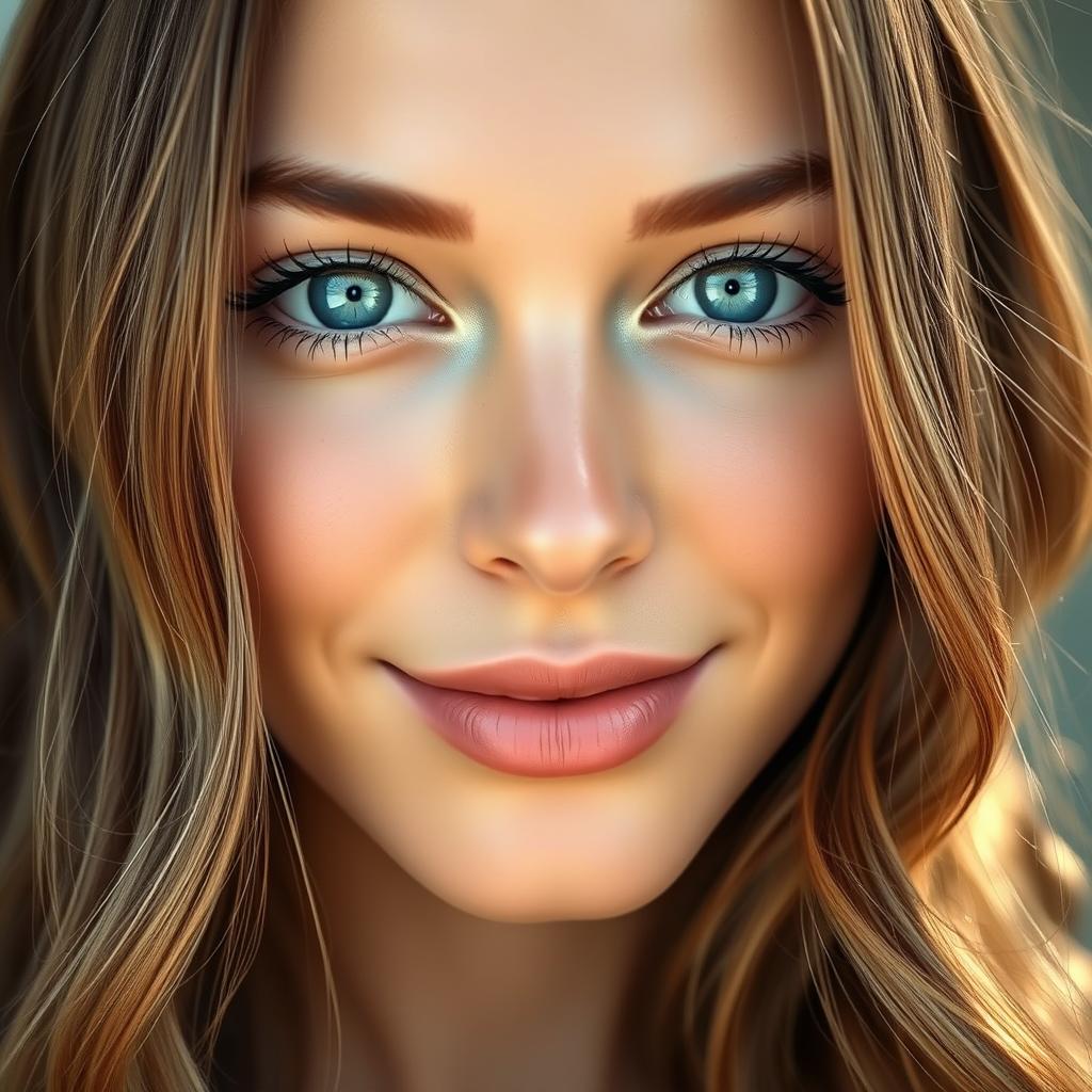 A clear and bright face of a beautiful young woman, featuring smooth skin, radiant complexion, and sparkling blue eyes