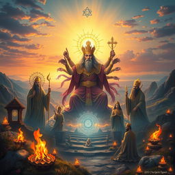 A detailed depiction of Zoroastrian deities, showcasing Ahura Mazda in an ethereal setting, surrounded by divine symbols and celestial light