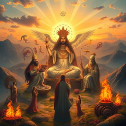 A detailed depiction of Zoroastrian deities, showcasing Ahura Mazda in an ethereal setting, surrounded by divine symbols and celestial light