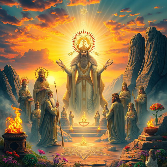 A detailed depiction of Zoroastrian deities, showcasing Ahura Mazda in an ethereal setting, surrounded by divine symbols and celestial light