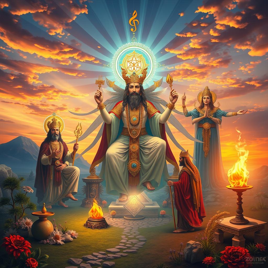 A detailed depiction of Zoroastrian deities, showcasing Ahura Mazda in an ethereal setting, surrounded by divine symbols and celestial light