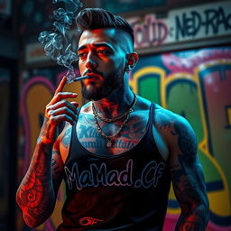 A realistic portrayal of Amir Tataloo, featuring his body covered in intricate tattoos while smoking a cigarette