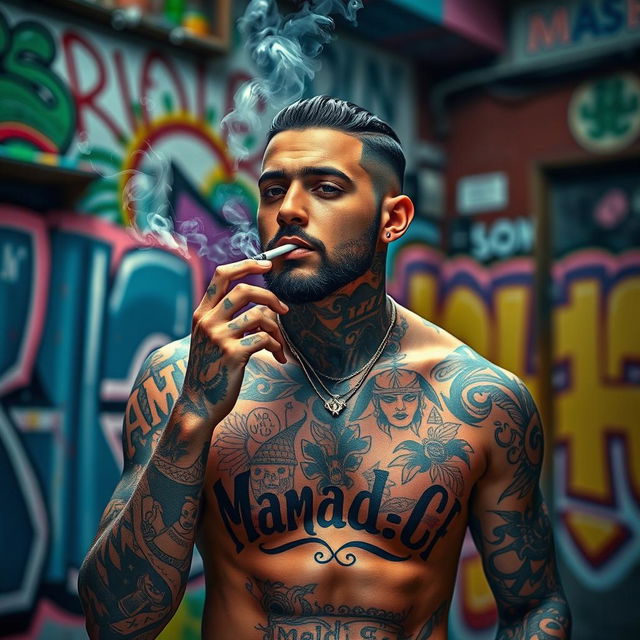 A realistic portrayal of Amir Tataloo, featuring his body covered in intricate tattoos while smoking a cigarette