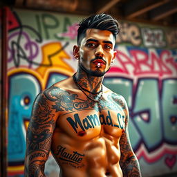 A realistic portrayal of Amir Tataloo, featuring his body covered in intricate tattoos while smoking a cigarette