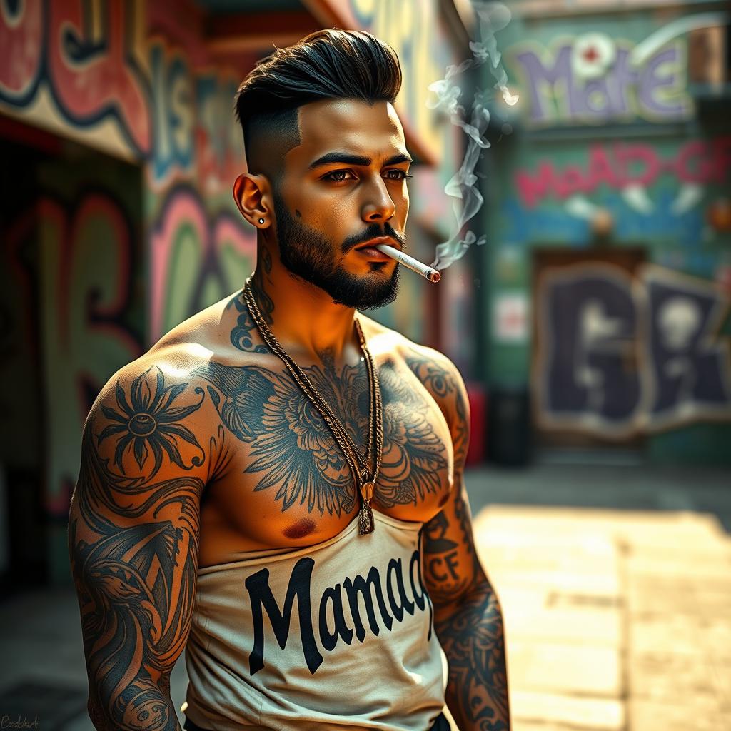 A realistic portrayal of Amir Tataloo, featuring his body covered in intricate tattoos while smoking a cigarette