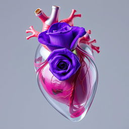 A transparent anatomical heart showcasing intricate details of veins and arteries, with a vibrant violet rose beautifully placed inside