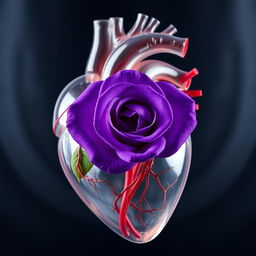 A transparent anatomical heart showcasing intricate details of veins and arteries, with a vibrant violet rose beautifully placed inside