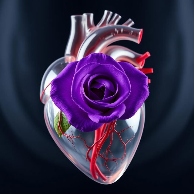 A transparent anatomical heart showcasing intricate details of veins and arteries, with a vibrant violet rose beautifully placed inside