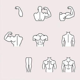 An SVG icon design set for a mobile application, featuring minimalistic style representations of various muscle groups