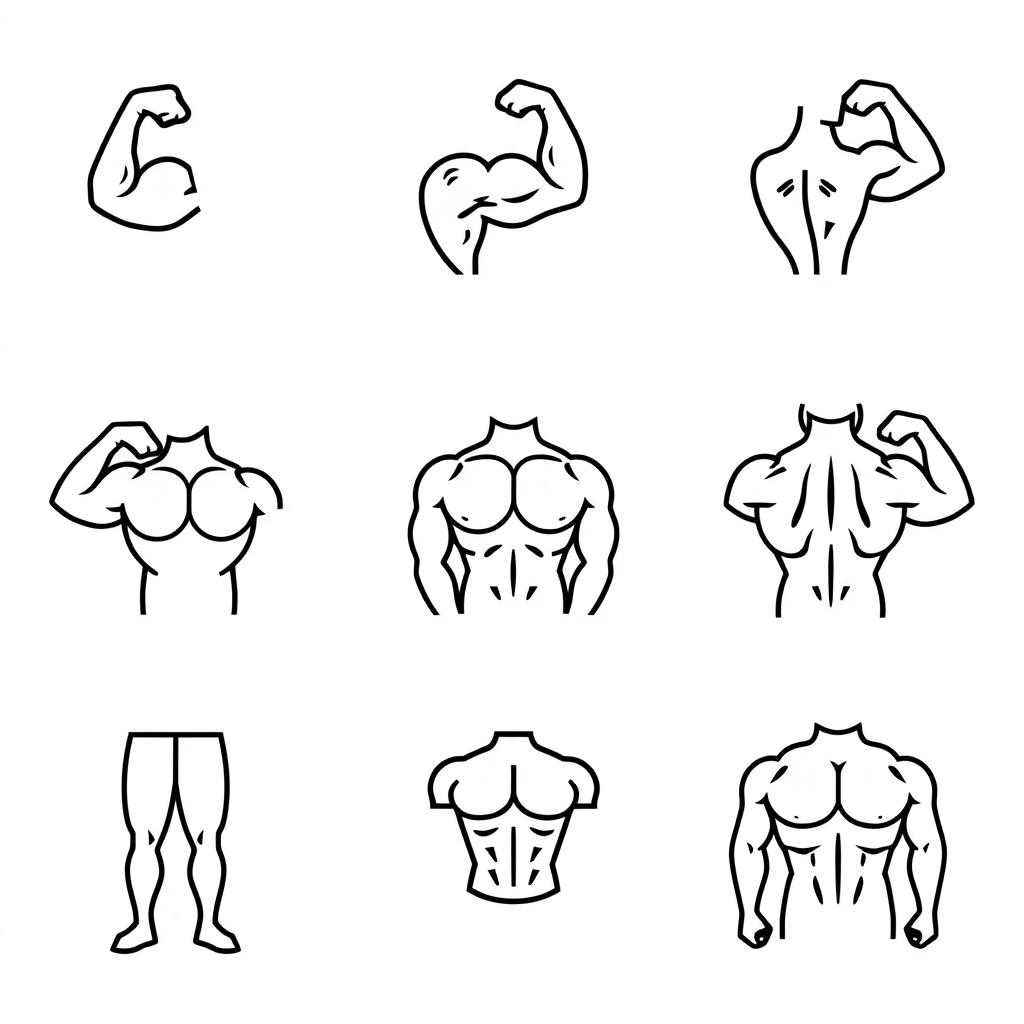 An SVG icon design set for a mobile application, featuring minimalistic style representations of various muscle groups