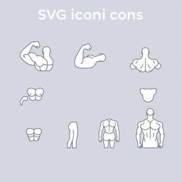 An SVG icon design set for a mobile application, featuring minimalistic style representations of various muscle groups