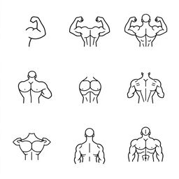 An SVG icon design set for a mobile application, featuring minimalistic style representations of various muscle groups