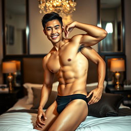A handsome Asian male model wearing sexy, stylish underwear, exuding confidence and charm