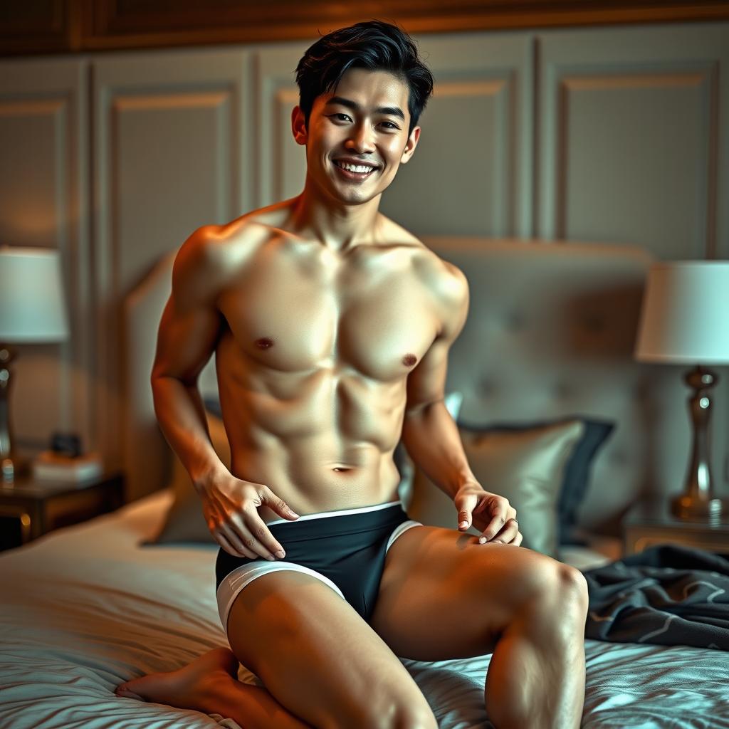 A handsome Asian male model wearing sexy, stylish underwear, exuding confidence and charm