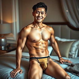 A handsome Asian male model wearing sexy, stylish underwear, exuding confidence and charm