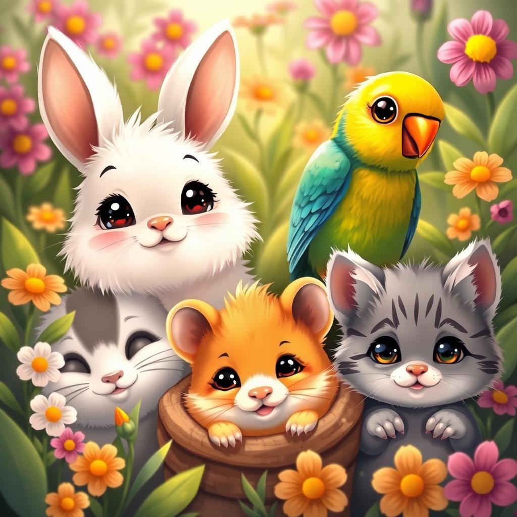 A delightful and charming illustration showcasing the adorable faces of various small animals including a fluffy rabbit with big, expressive eyes, a colorful Parakeet with a cheerful demeanor, a tiny hamster peeking through its bedding, and a playful kitten with a curious expression