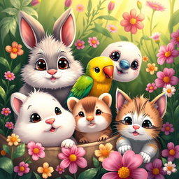 A delightful and charming illustration showcasing the adorable faces of various small animals including a fluffy rabbit with big, expressive eyes, a colorful Parakeet with a cheerful demeanor, a tiny hamster peeking through its bedding, and a playful kitten with a curious expression