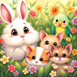 A delightful and charming illustration showcasing the adorable faces of various small animals including a fluffy rabbit with big, expressive eyes, a colorful Parakeet with a cheerful demeanor, a tiny hamster peeking through its bedding, and a playful kitten with a curious expression