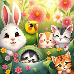 A delightful and charming illustration showcasing the adorable faces of various small animals including a fluffy rabbit with big, expressive eyes, a colorful Parakeet with a cheerful demeanor, a tiny hamster peeking through its bedding, and a playful kitten with a curious expression