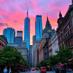 A vibrant cityscape at dusk with a stunning skyline featuring modern skyscrapers and classic architectural buildings, illuminated windows reflecting the colorful sunset