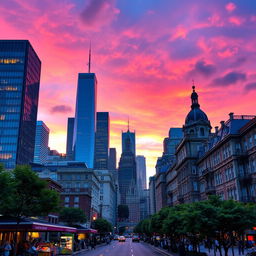A vibrant cityscape at dusk with a stunning skyline featuring modern skyscrapers and classic architectural buildings, illuminated windows reflecting the colorful sunset