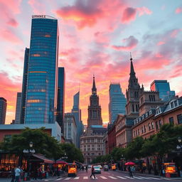 A vibrant cityscape at dusk with a stunning skyline featuring modern skyscrapers and classic architectural buildings, illuminated windows reflecting the colorful sunset