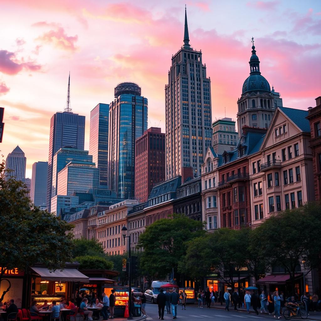 A vibrant cityscape at dusk with a stunning skyline featuring modern skyscrapers and classic architectural buildings, illuminated windows reflecting the colorful sunset