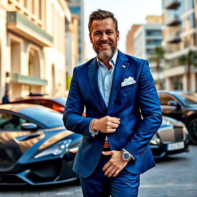 A wealthy man with a confident posture, wearing a stylish blue suit, accessorized with a luxurious watch