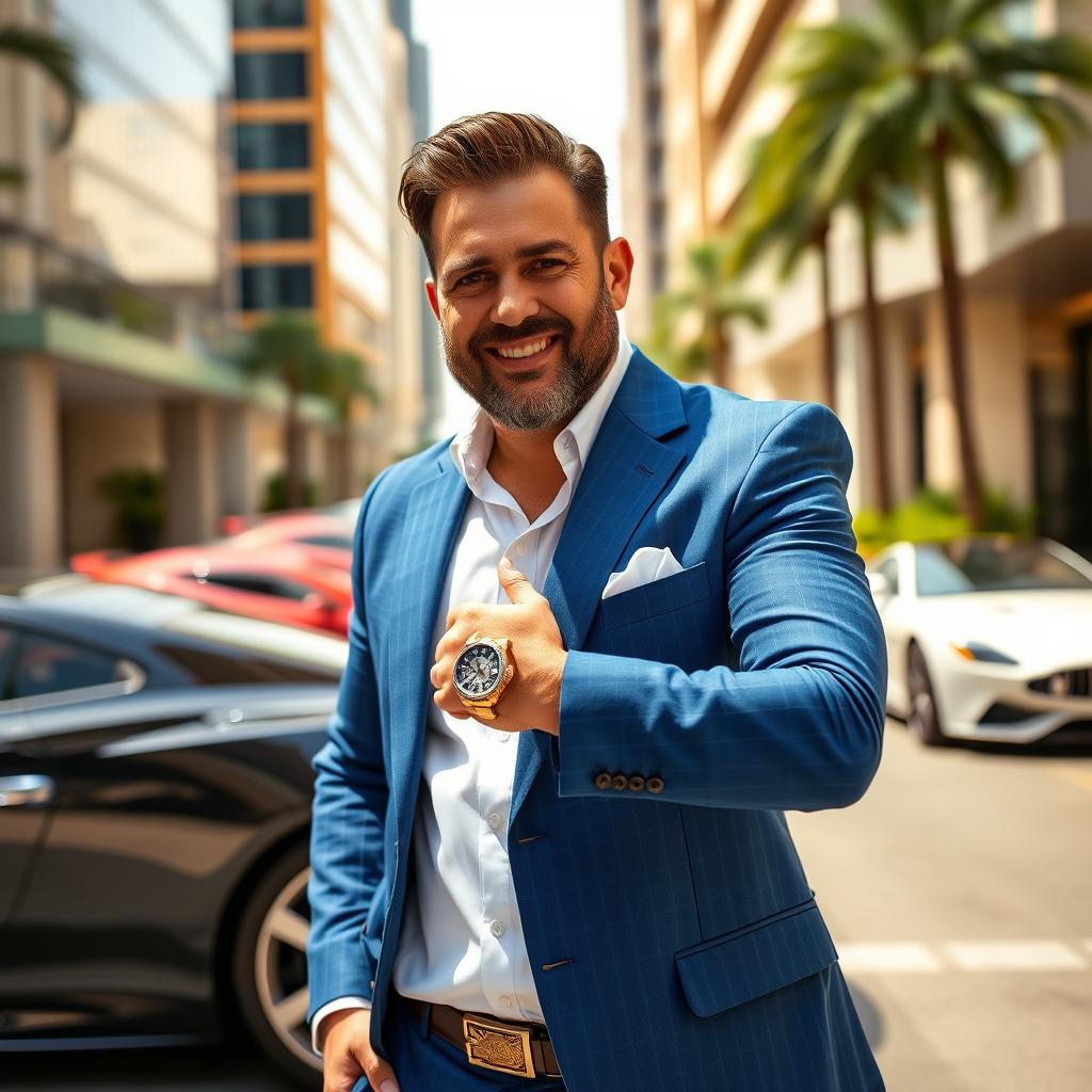 A wealthy man with a confident posture, wearing a stylish blue suit, accessorized with a luxurious watch