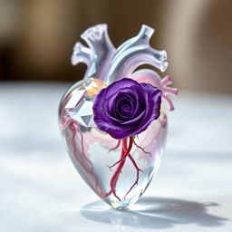 An anatomical heart made of crystal, elegantly crafted with intricate details showcasing the veins and arteries, with a beautiful violet rose delicately placed inside, its petals vividly colored and soft