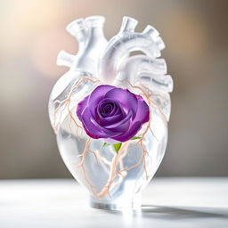 An anatomical heart made of crystal, elegantly crafted with intricate details showcasing the veins and arteries, with a beautiful violet rose delicately placed inside, its petals vividly colored and soft