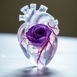 An anatomical heart made of crystal, elegantly crafted with intricate details showcasing the veins and arteries, with a beautiful violet rose delicately placed inside, its petals vividly colored and soft