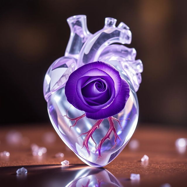 An anatomical heart made of crystal, elegantly crafted with intricate details showcasing the veins and arteries, with a beautiful violet rose delicately placed inside, its petals vividly colored and soft