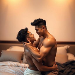 Two handsome Asian men in an intimate moment in a softly lit bedroom, showcasing their deep connection and chemistry