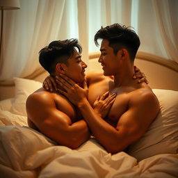 Two handsome Asian men in an intimate moment in a softly lit bedroom, showcasing their deep connection and chemistry